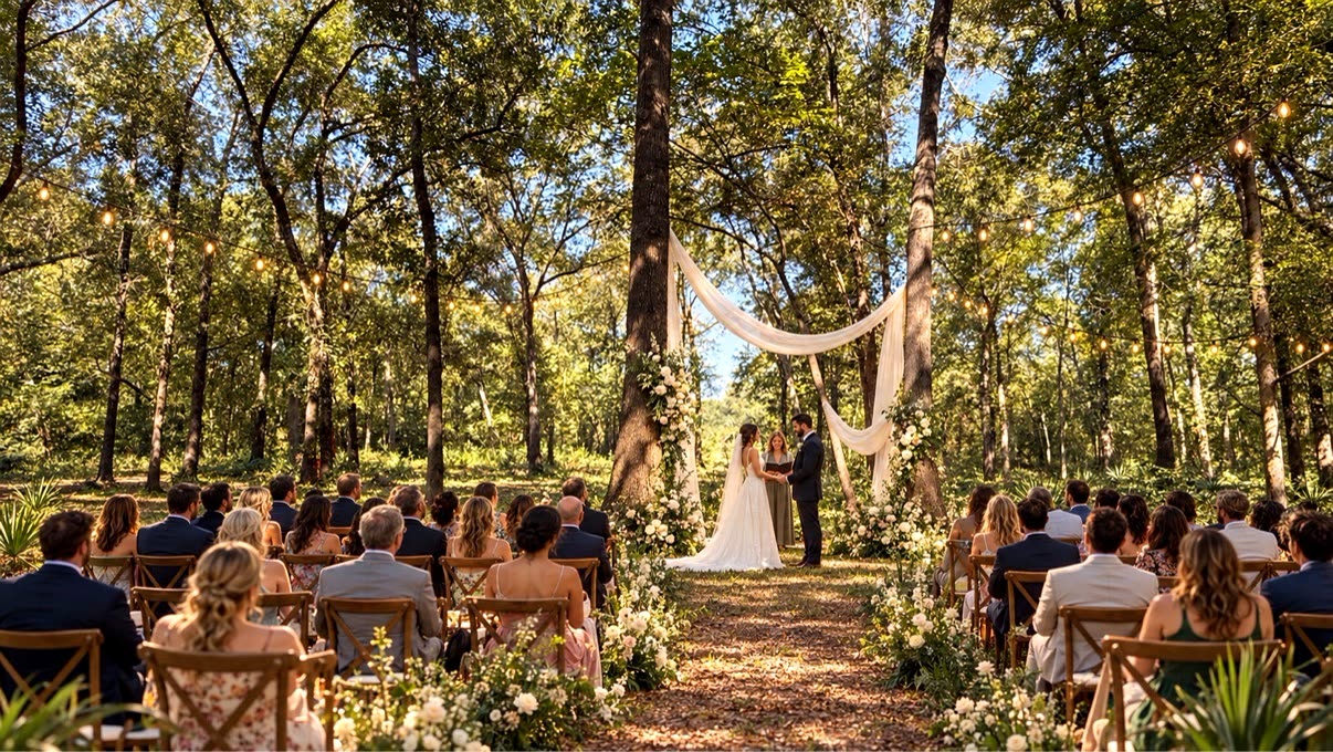 Real photo of a forest wedding framed by two living oak trees
